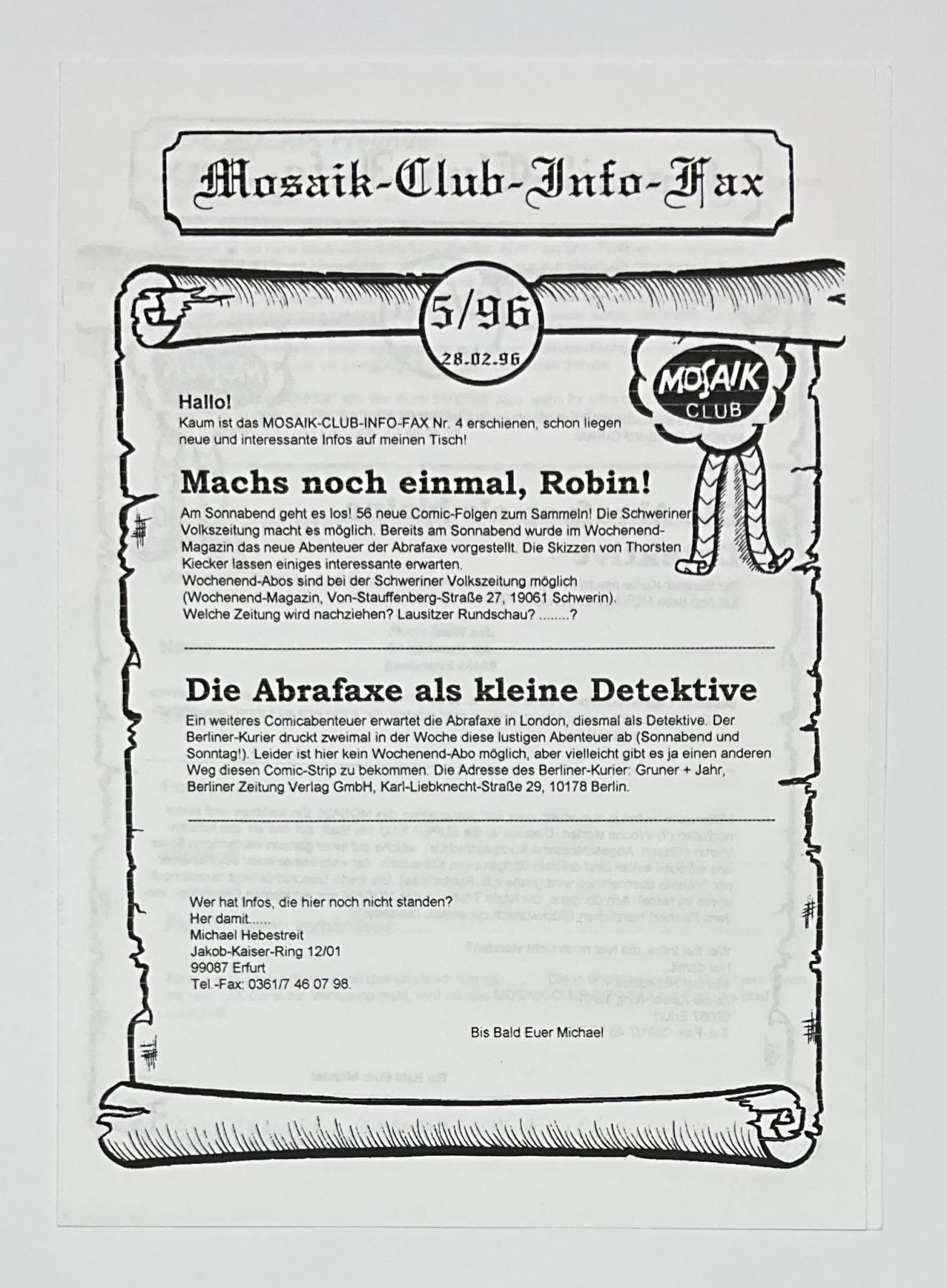 Fanzine Mosaik Clubinfo Fax 5/96