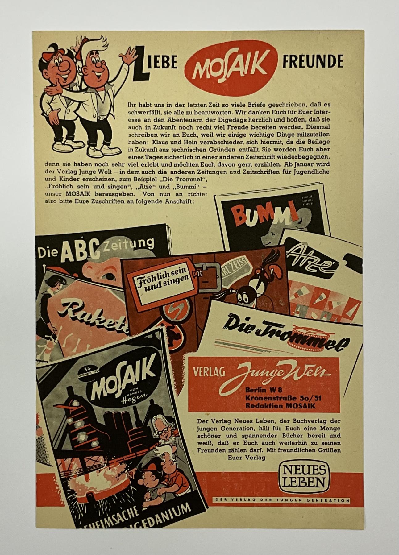 Beilage Digedags Nr. 37 "Liebe Mosaik Freunde"