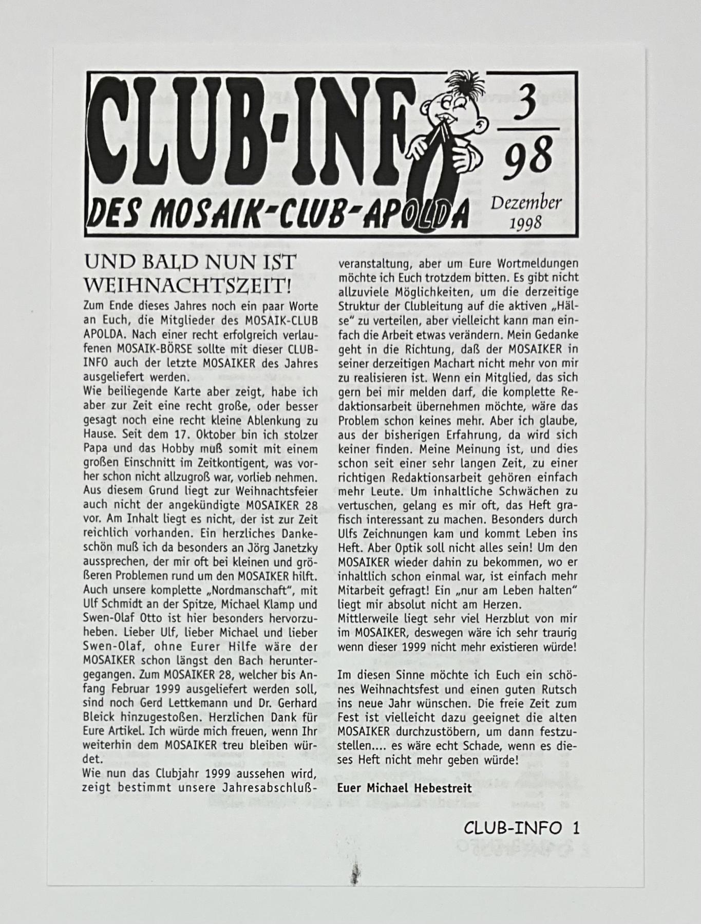 Fanzine Clubinfo 3-98 Mosaikclub Apolda